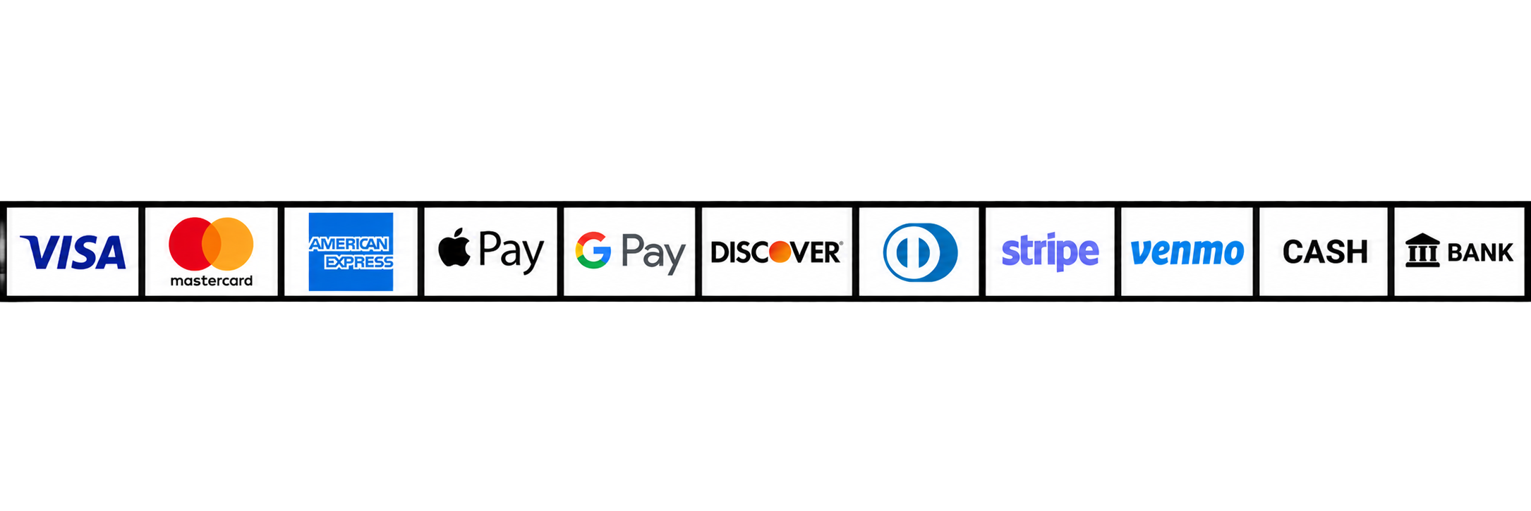 Accepted payment methods: Visa, Mastercard, American Express, Discover, and ACH bank transfer