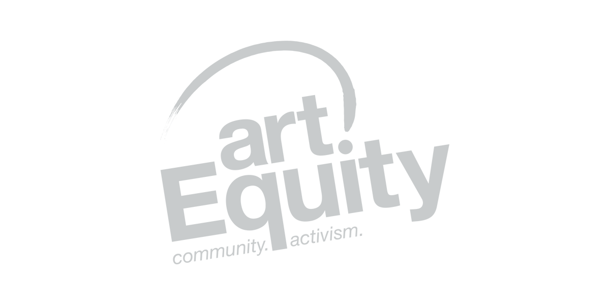 Gray logo for Art Equity with the words "community. activism." underneath, against a black background.
