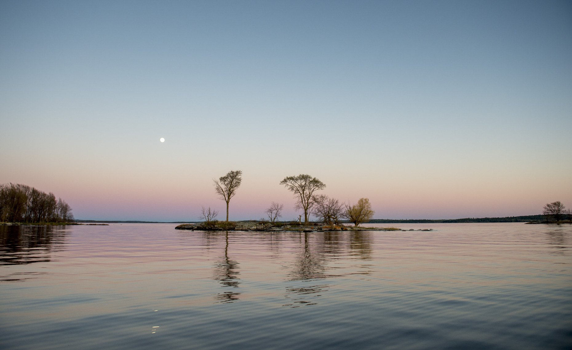 A serene body of water with gentle ripples reflects the pastel-colored sky at sunset. A small island with a few leafless and sparse trees stands in the middle of the water, with a distant shoreline on the horizon.