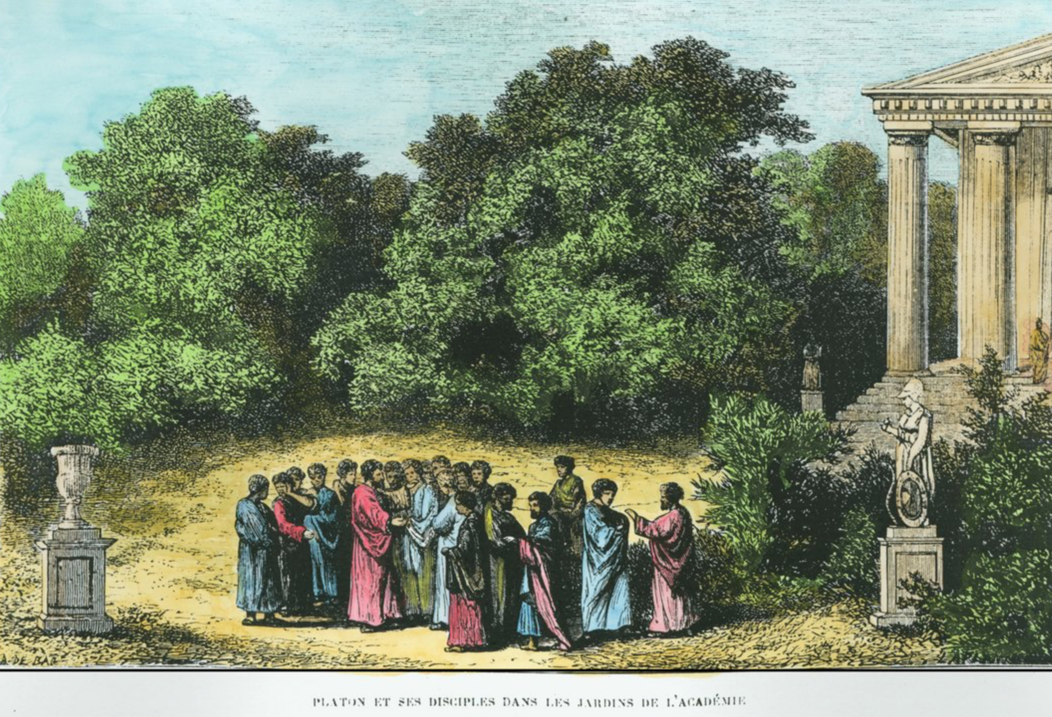 Plato and His Disciples in the Garden of the Academy, from 'La vie des Savants Illustres' by Louis Figuier, engraved by Laplante, c.1870 (later colouration)