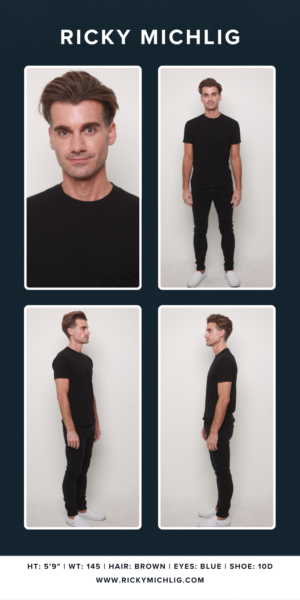 Composite of model Ricky Michlig with headshot, full-body front, and side profiles, wearing a black t-shirt, black pants, and white shoes, against a white background.