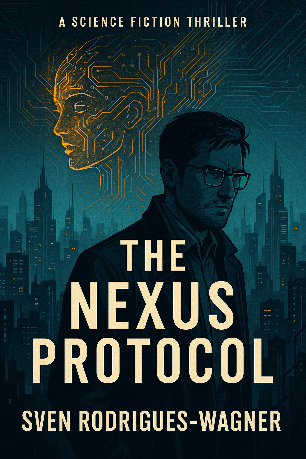 Book cover for 'The Nexus Protocol' by Sven Rodrigues-Wagner, featuring a man with glasses in front of a cityscape and a digital, circuit-like outline of a woman's face in the sky, with a subtitle indicating it's a science fiction thriller.
