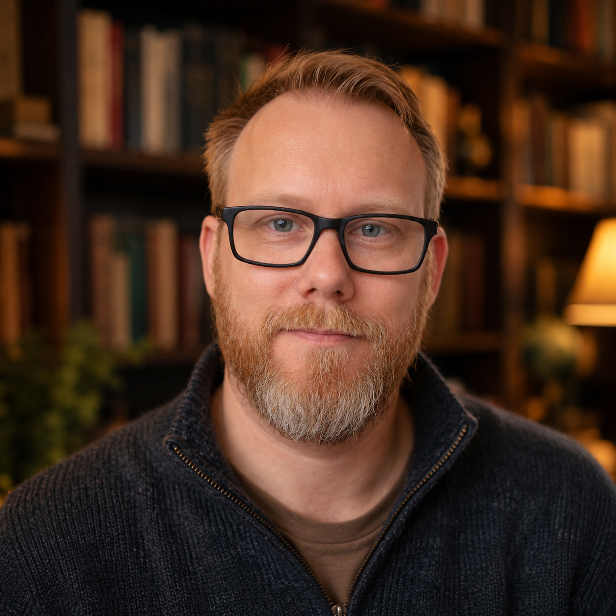 A man with glasses and a beard in a room with bookshelves and a lamp.