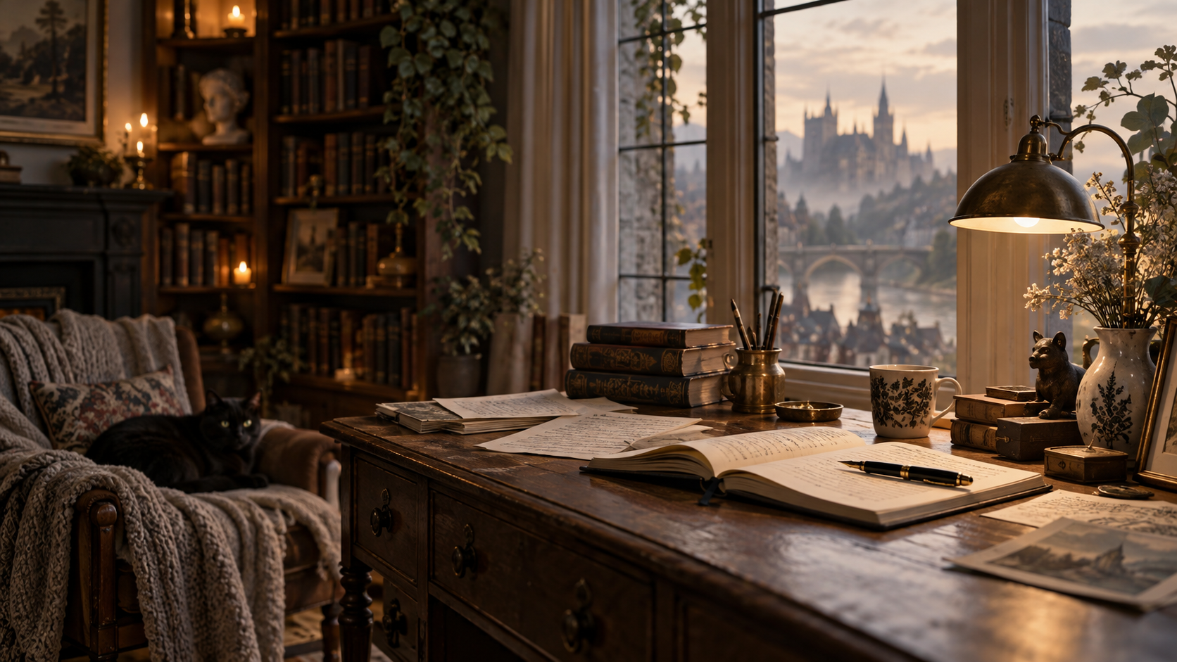 Warm writing desk in a book-lined study overlooking a fantasy city