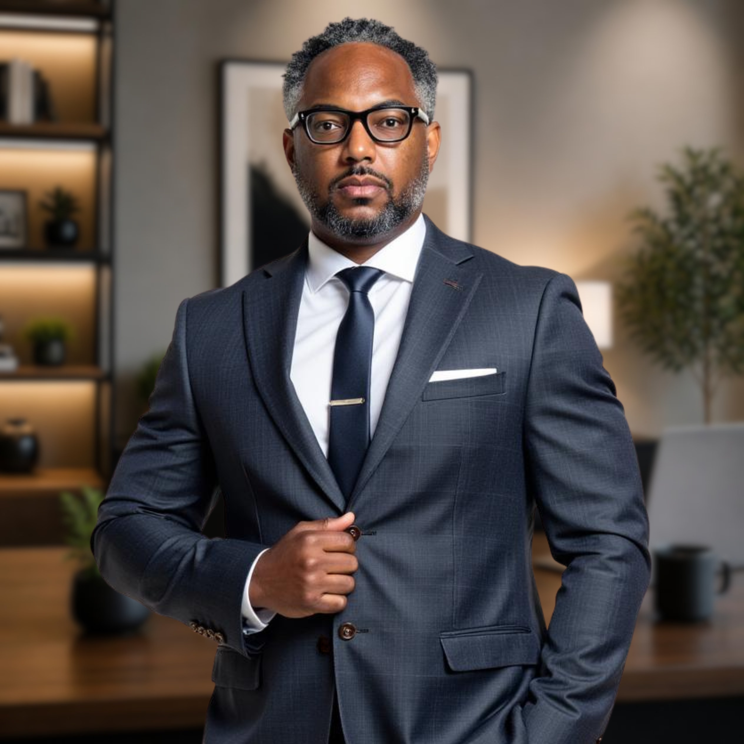 A confident African American man in a tailored navy suit with glasses standing in an office setting.