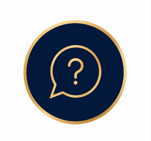 Icône ronde avec fond bleu marine, bordure dorée, contenant une bulle de dialogue avec un point d'interrogation au centre.