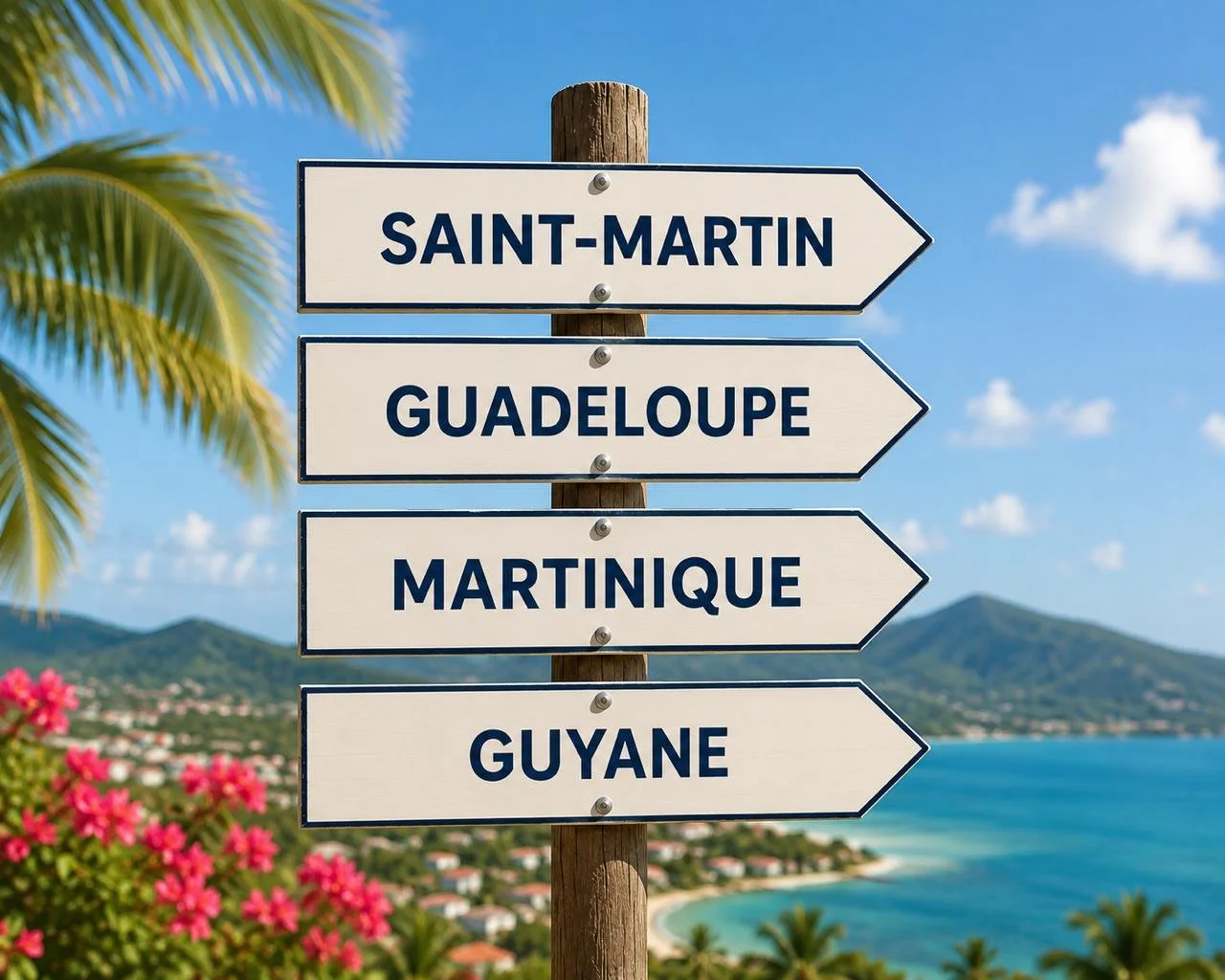 Panneaux de direction indiquant Saint-Martin, Guadeloupe, Martinique, Guyane, avec paysage côtier et montagnes en arrière-plan.