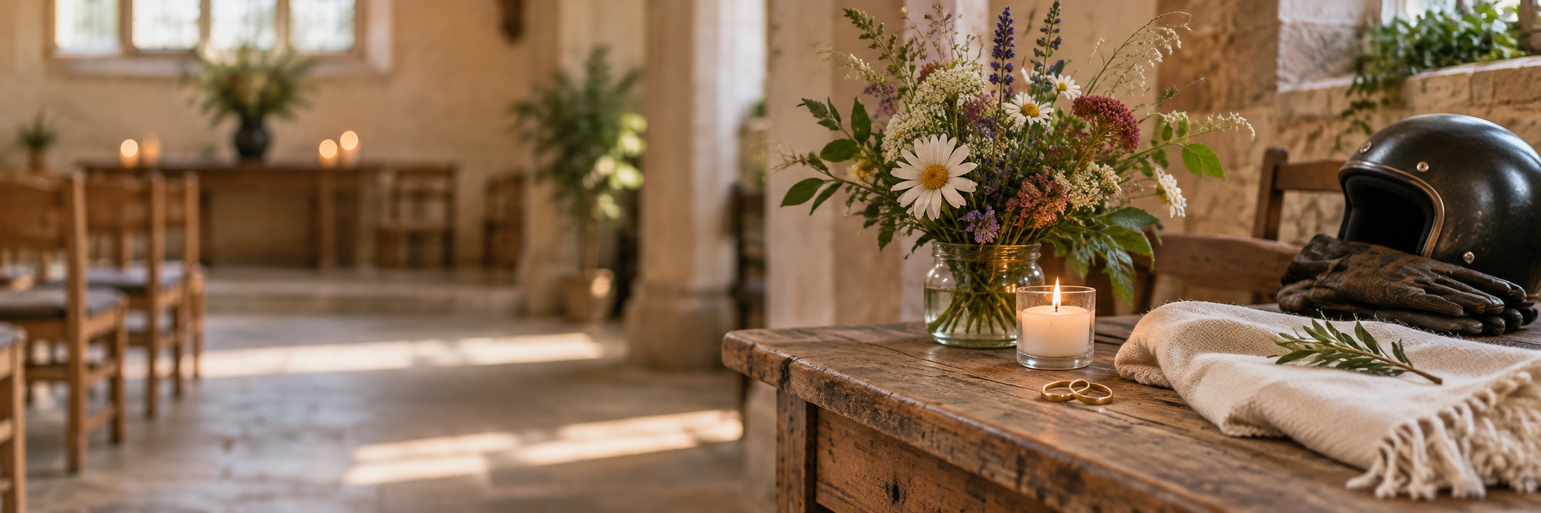 A rustic wooden table decorated with a glass jar of mixed wildflowers, a lit white candle, a pair of gold wedding rings, a white cloth, and gloves with a helmet and greenery on it in a warmly lit room with chairs and candles in the background.