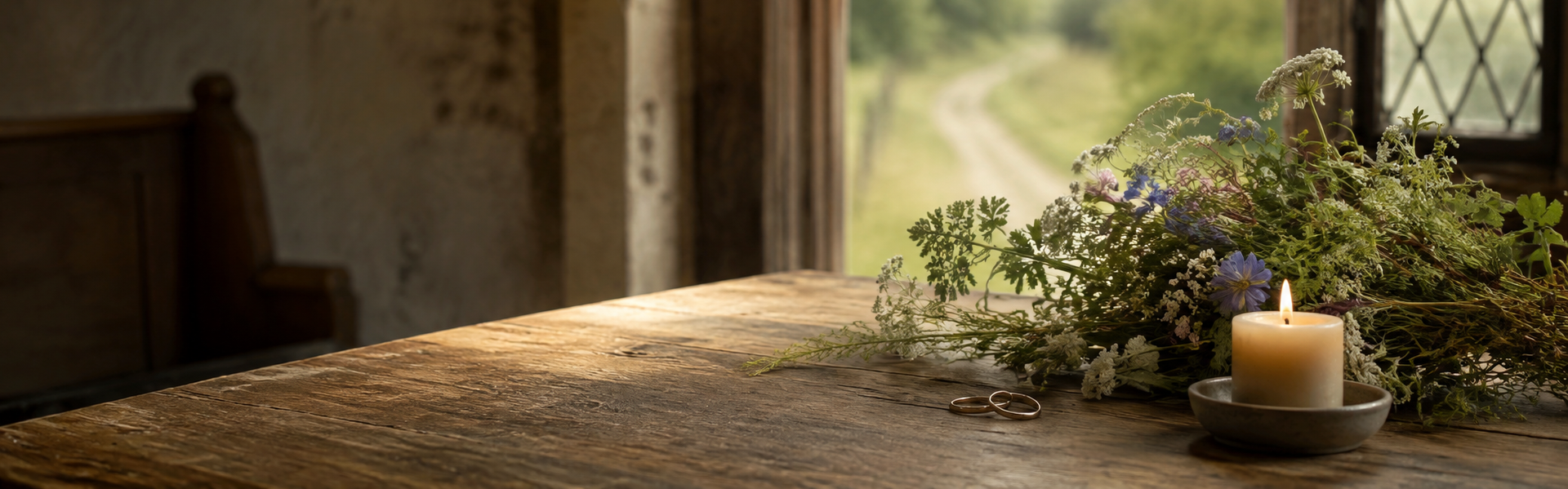 A rustic wooden table with a lit white candle in a gray dish, a bouquet of wildflowers, and two wedding rings, near an open window with a view of a green countryside path.