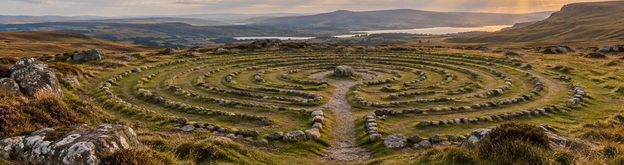 Ancient stone circle in a grassy landscape at sunset, with rolling hills and a lake in the background.