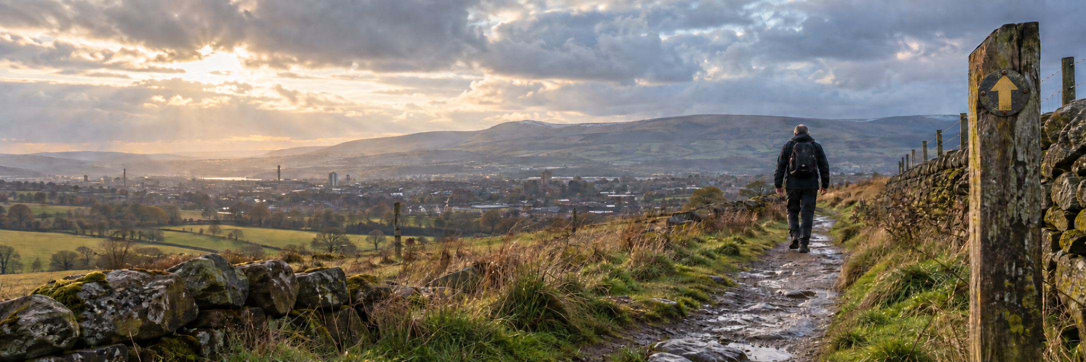 A person walking on a muddy trail along a stone and wood fence, overlooking a cityscape with hills in the background at sunset.