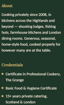 Screenshot of a website section about catering services, mentioning private cooking since 2008, kitchens across Highlands, fishing huts, and credentials including professional cookery certificate and over 15 years of private catering experience in Scotland and London.