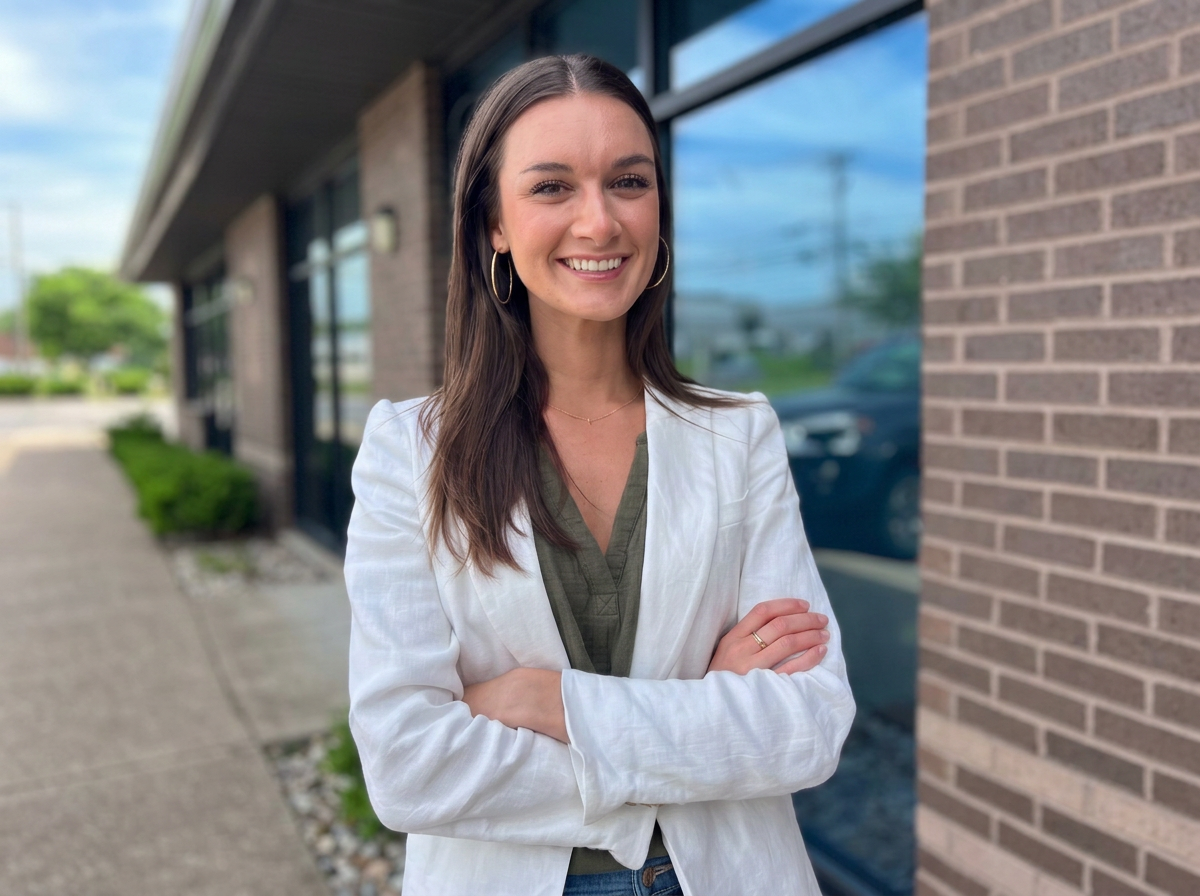 Smiling woman with crossed arms standing outdoors in front of a brick wall and glass window of a building