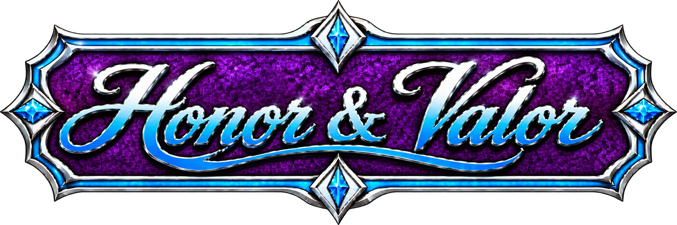A colorful logo with the text 'Honor & Valor' written in a cursive font, featuring shades of blue, purple, and silver, with decorative diamond-shaped accents.
