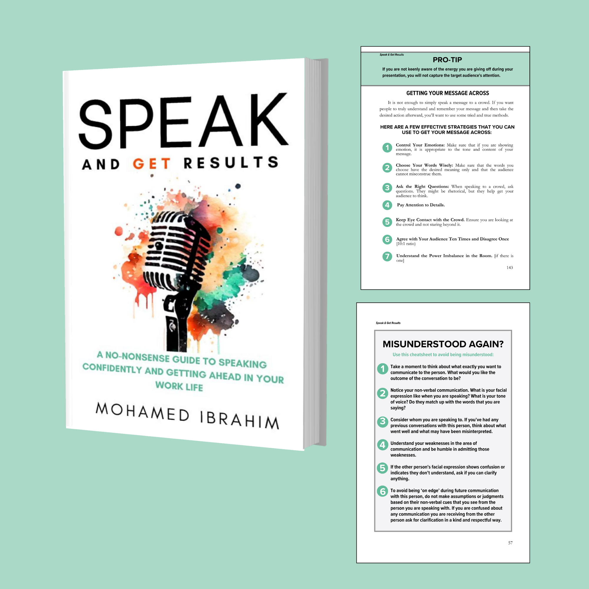 'Speak and Get Results: A No-Nonsense Guide to Speaking Confidently and Getting Ahead in Your Work Life' by Mohamed Ibrahim.  Editing & Design by Lyndsay Stanley