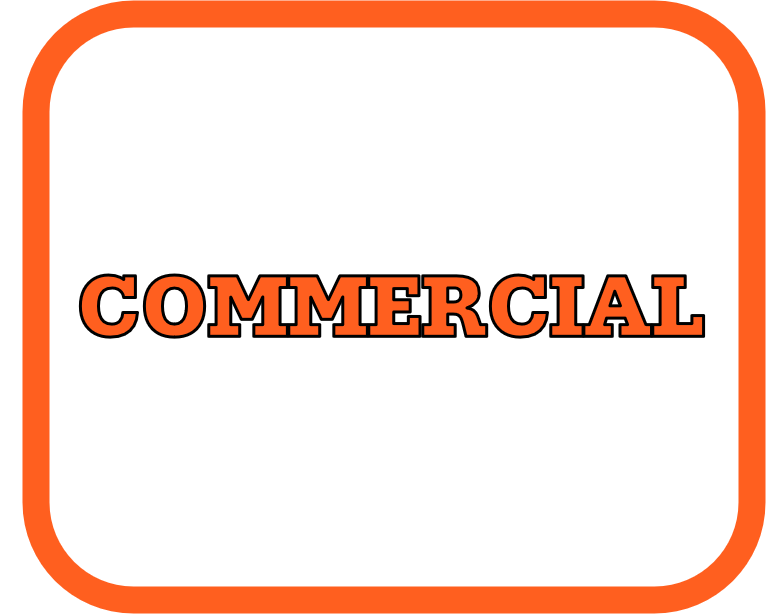 A white square sign with a red rounded border that has the word "COMMERCIAL" written in bold, orange letters with a black outline.