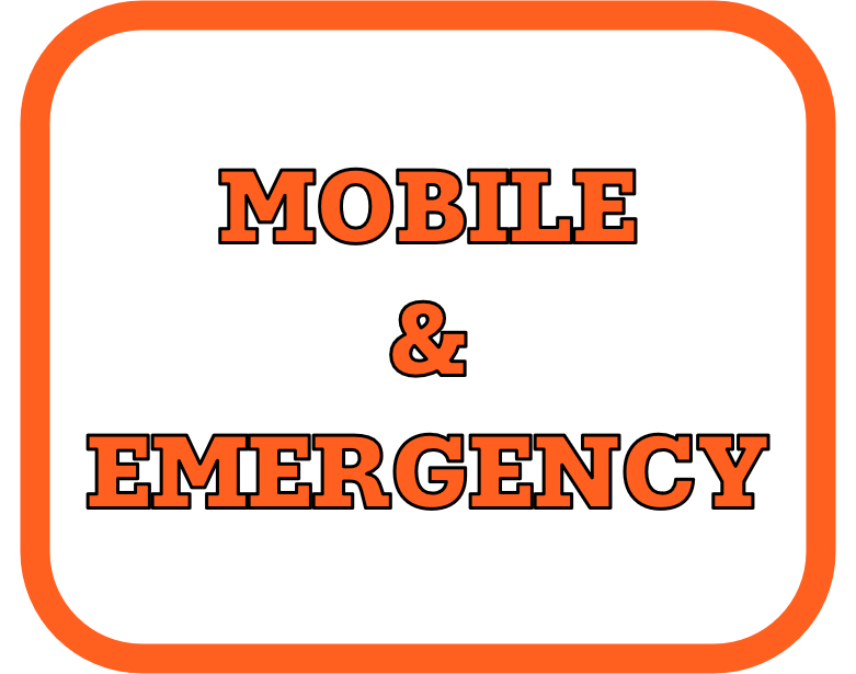 Orange and black sign with the text "Mobile & Emergency" in bold