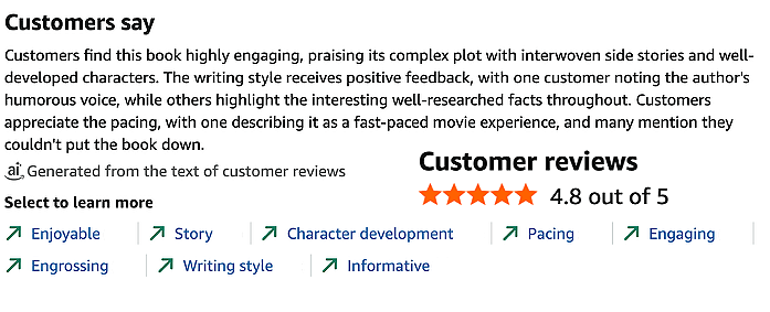 Customer review section with a 4.8 star rating out of 5, and links labeled Enjoyable, Story, Character development, Pacing, Engrossing, Writing style, Informative, and Engaging.