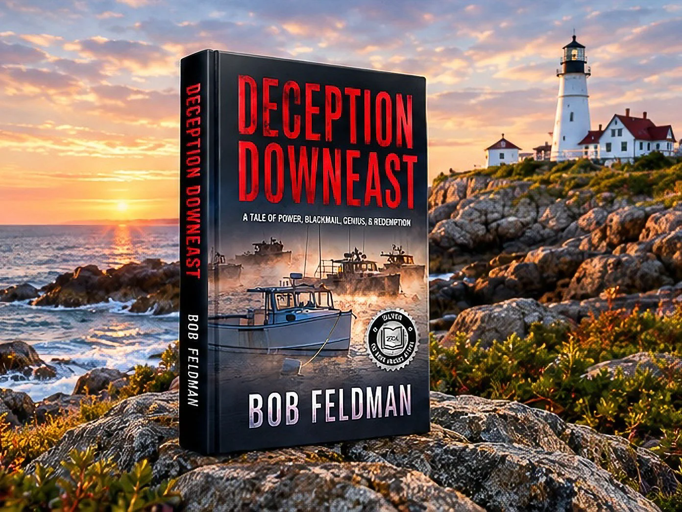 Book titled 'Deception Down East' by Bob Feldman displayed against a scenic coastal background with a lighthouse, rocky shoreline, and sunset.
