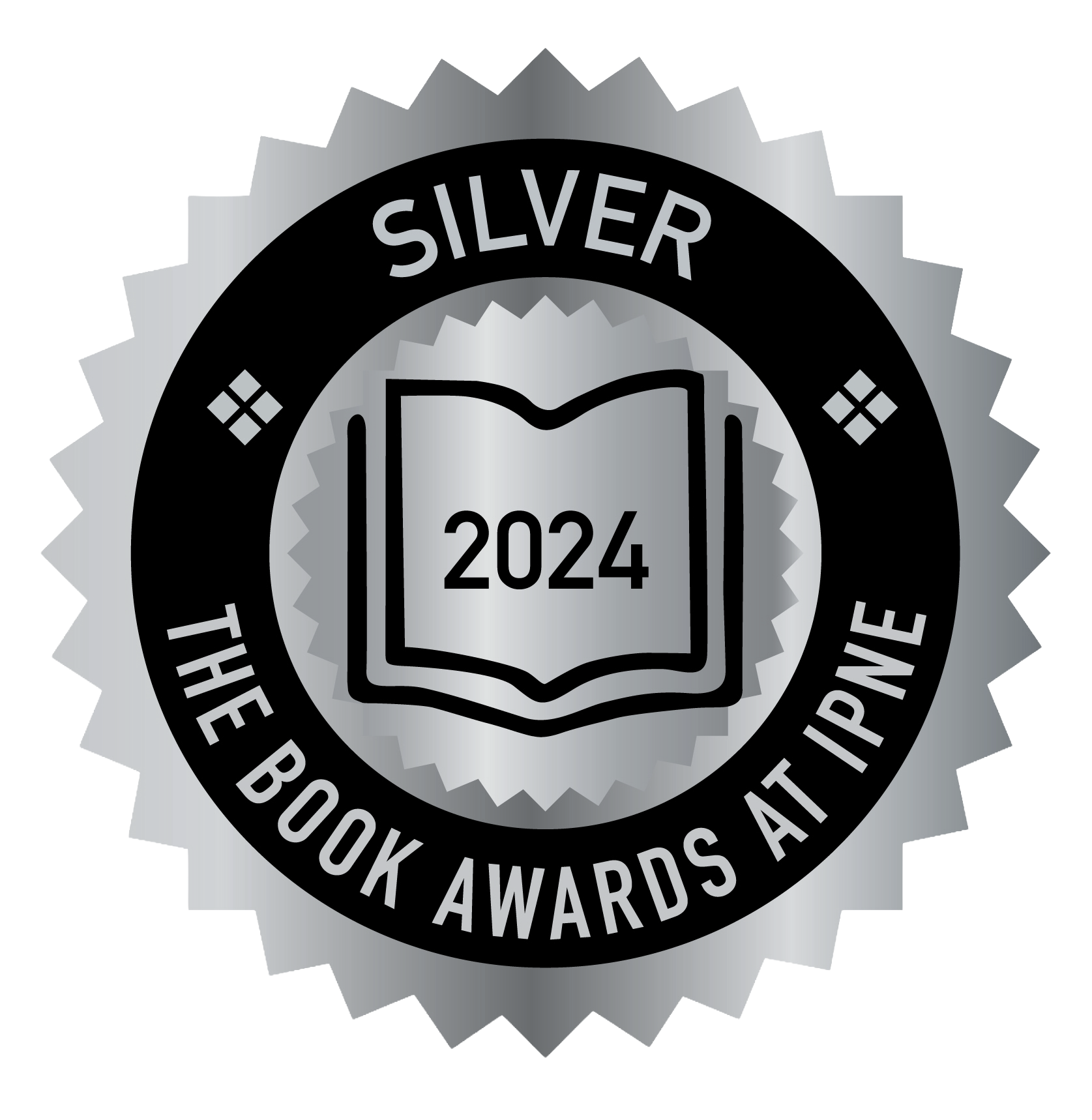 Silver award badge with a ribbon border that reads "The Book Awards at IPNE" and a central open book icon with the year "2024" inside.