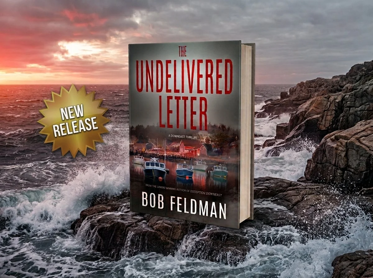 A book titled "The Undelivered Letter" by Bob Feldman is superimposed on a rocky seashore during sunset, with waves crashing against rocks in the background. A gold badge reads "New Release."