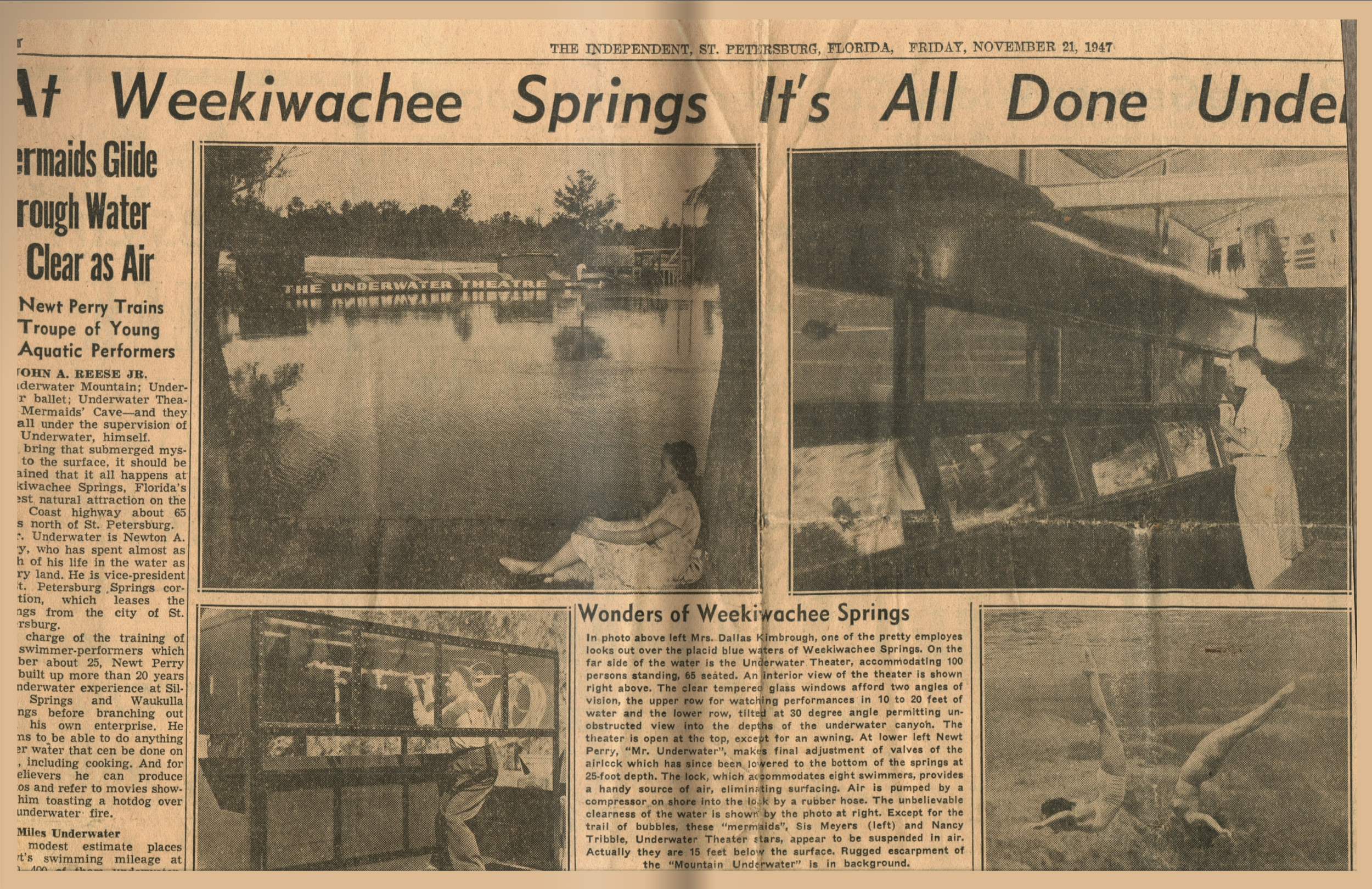 Daughters of the Springs Pitch Deck by Debi Canterbury. A vintage newspaper page from November 21, 1947, featuring a story about underwater theater performances at Weeki Wachee Springs. 