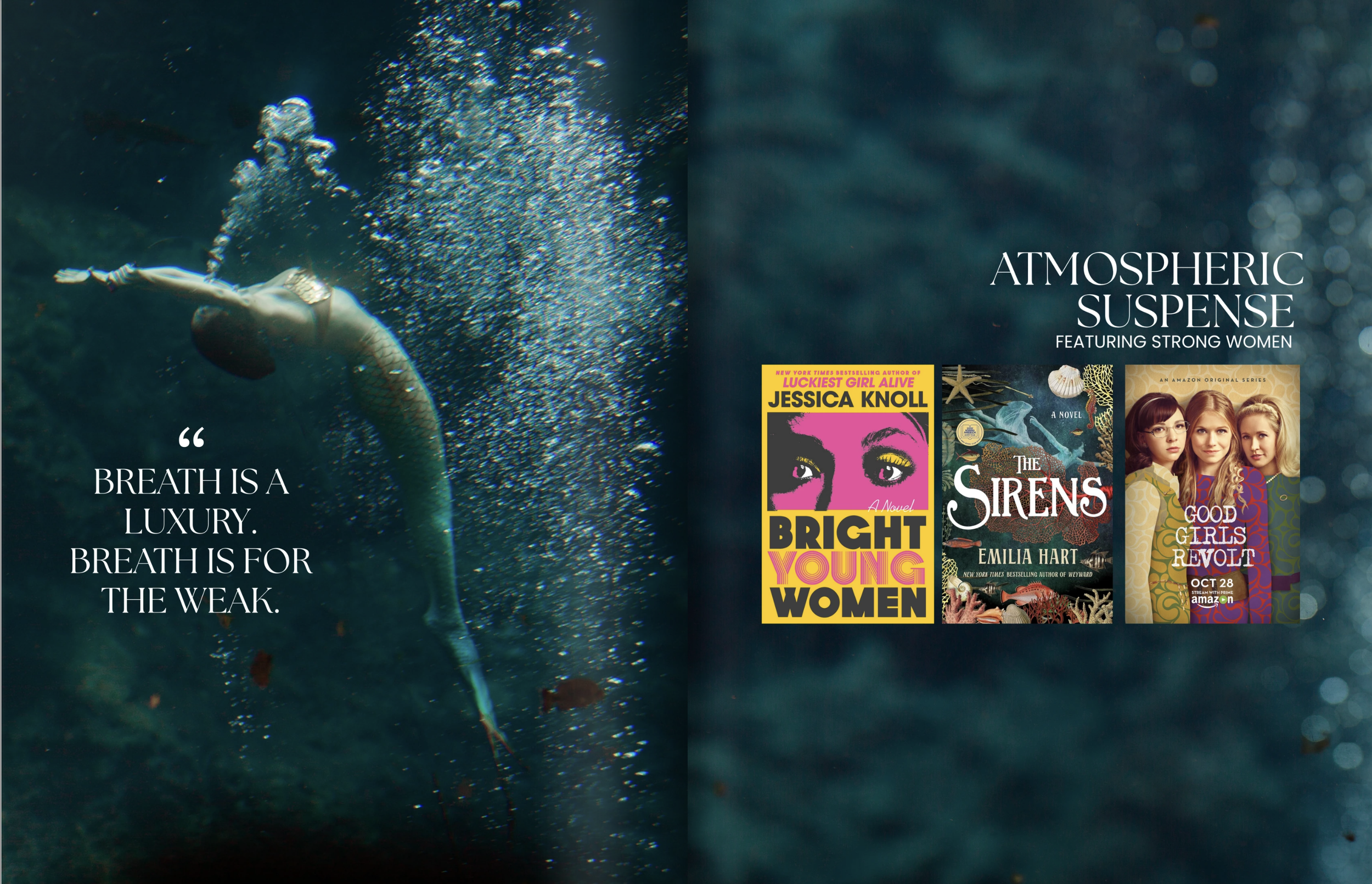 Daughters of the Springs Pitch Deck by Debi Canterbury. Underwater scene with a person swimming and bubbles rising.