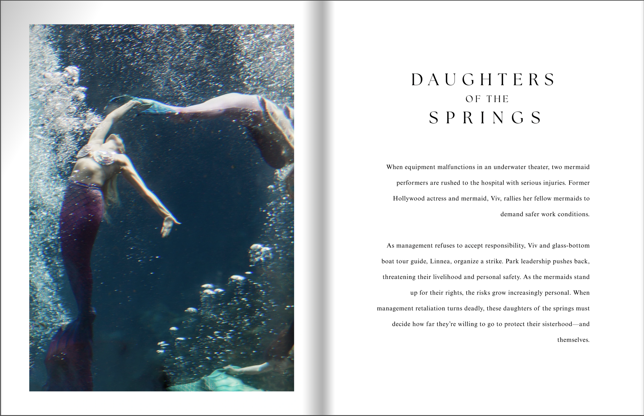 Daughters of the Springs Pitch Deck by Debi Canterbury. Underwater scene with a mermaid in a purple tail and seashell top, swimming in the ocean surrounded by bubbles and light reflection.
