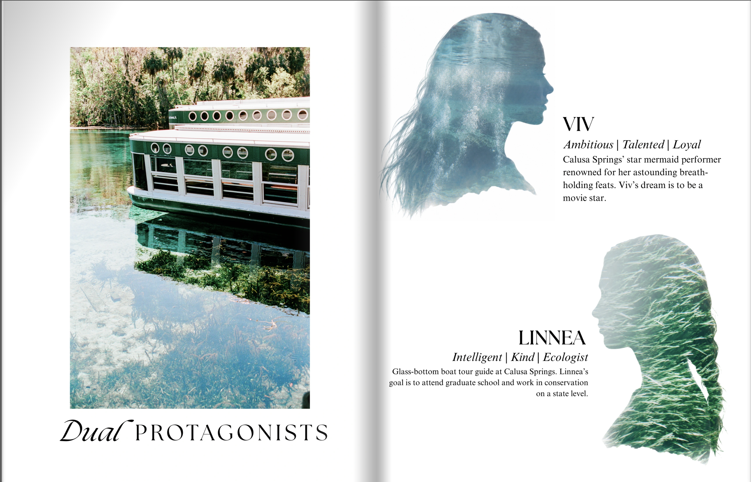 Daughters of the Springs Pitch Deck by Debi Canterbury. A photo of a glass-bottom boat on calm water near trees, with a background of greenery and reflections on the water.