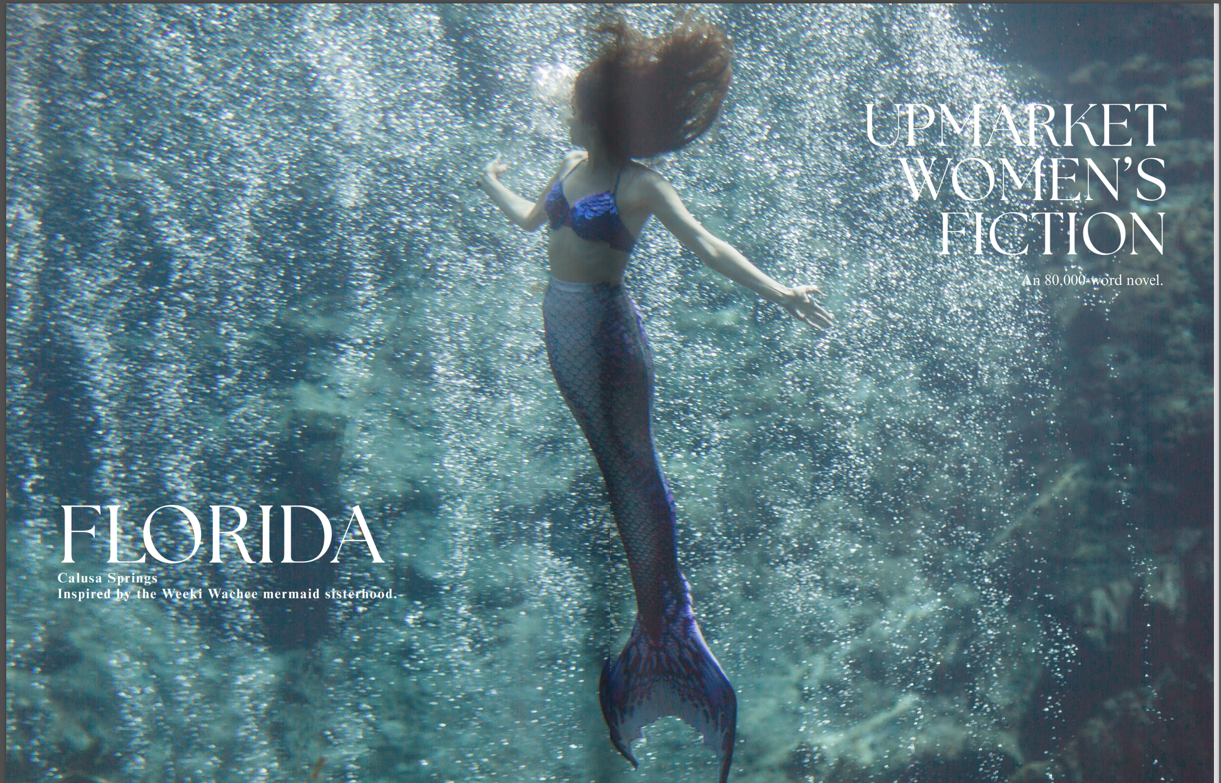 Daughters of the Springs Pitch Deck by Debi Canterbury. A mermaid with long red hair swimming underwater among bubbles with text overlay about a women's fiction novel set in Florida.