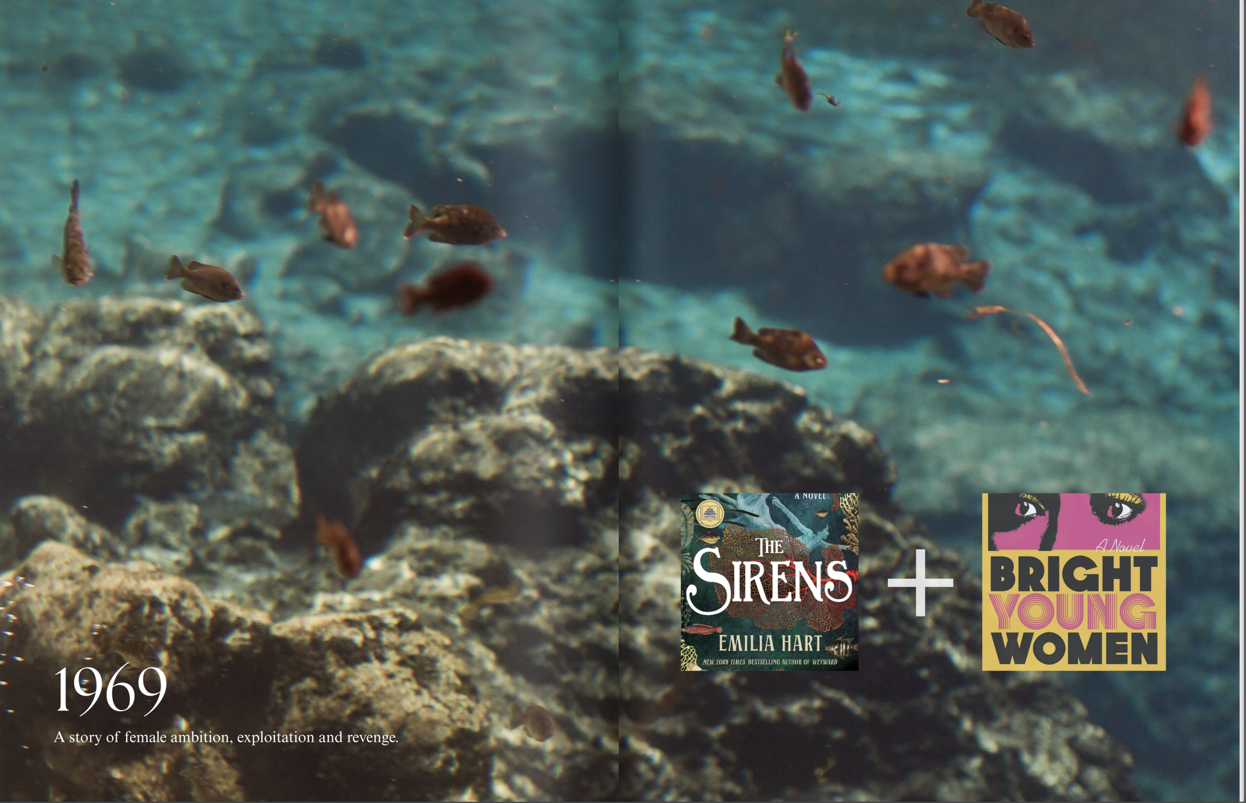 Daughters of the Springs Pitch Deck by Debi Canterbury. An underwater scene showing several fish swimming near rocks. There are also book covers visible, including "The Sirens" by Emilia Hart and "Bright Young Women".