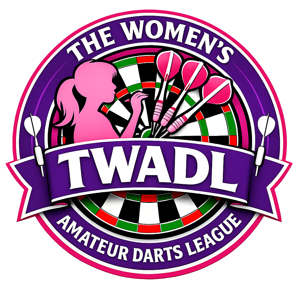 A circular logo for the Women's Amateur Darts League featuring a pink silhouette of a woman playing darts, darts in the background, and text reading "The Women's DWAL Amateur Darts League."