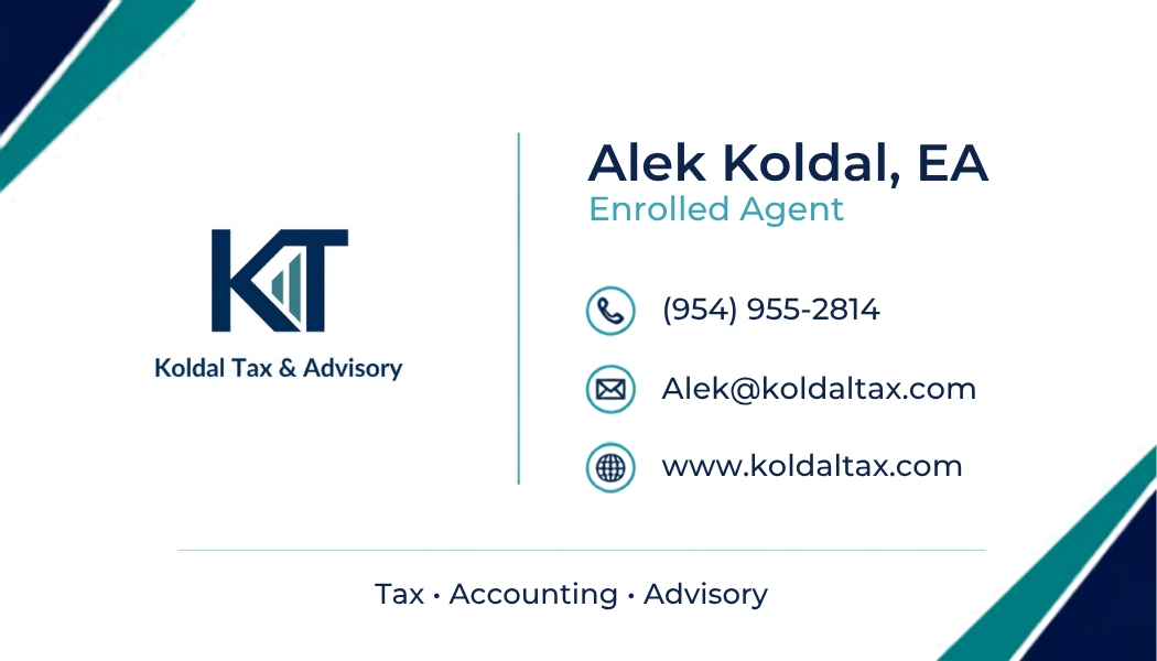 Business card for Alek Koldal from Koldal Tax & Advisory, showing contact details and services offered.