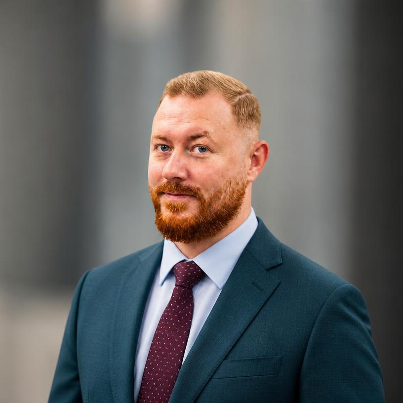 Professional man with red hair and beard wearing a navy suit, light blue shirt, and maroon tie, standing indoors with a neutral background.