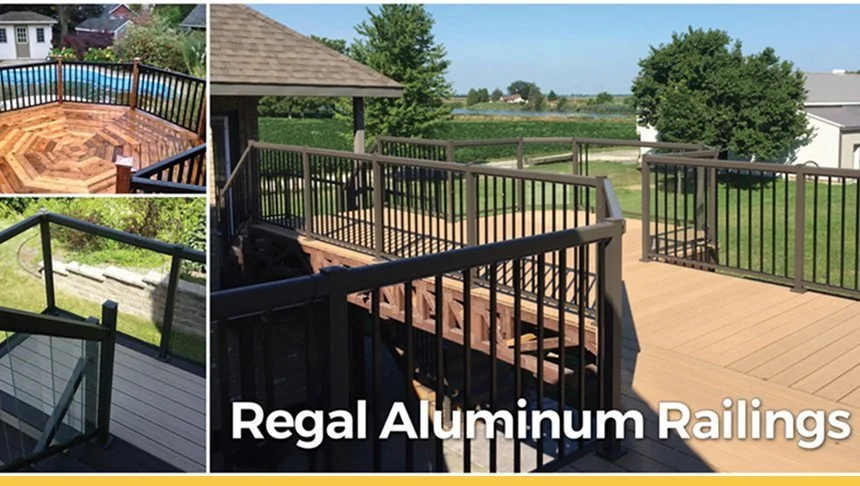 Collage of three images showing different views of a wooden deck with black aluminum railings installed by Regal Aluminum Railings, with a spacious backyard and neighboring houses in the background.
