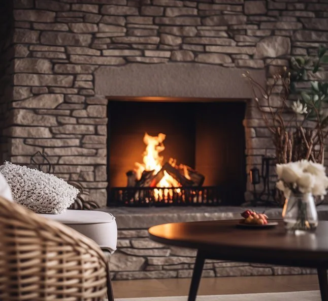 Living room fireplace with stone surround, lit with flames, along with a round wooden table with a vase of white flowers and a decorative plate, and part of a wicker chair.