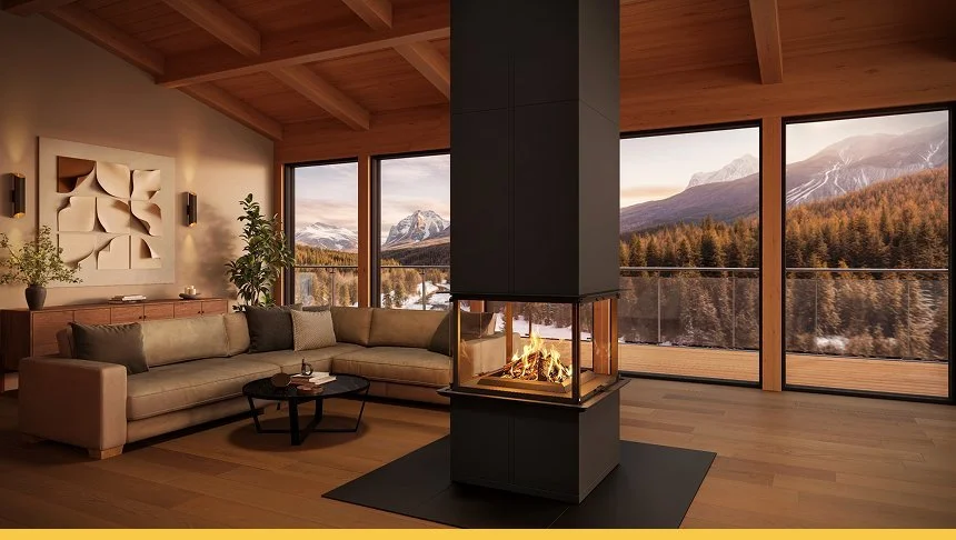 Living room with a corner fireplace, beige sectional sofa, wooden ceiling, large windows with mountain view, abstract wall art, and potted plants.
