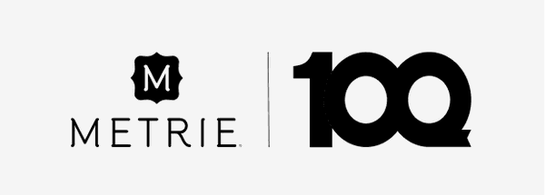 Logo with a black emblem containing the letter 'M' and the word 'METRIE' next to a large '100' in black.