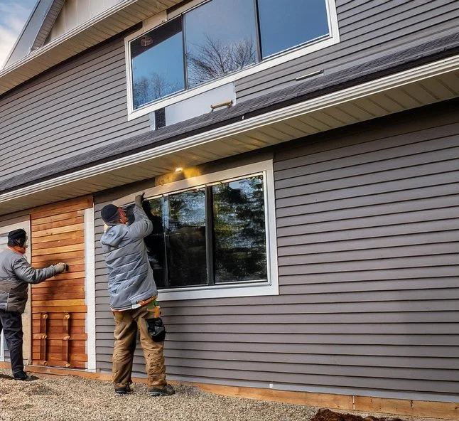 Two workers installing or repairing siding on the exterior of a house, with one using a tool near the window and the other holding a section of wood siding, in front of a house with gray and brown siding.