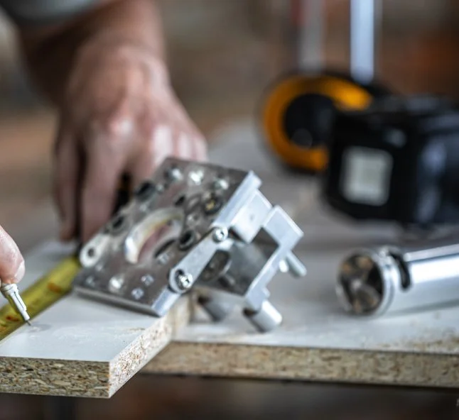 Close-up of a person's hands measuring and working with a mitre box and saw on a piece of wood in a workshop, with power tools nearby.