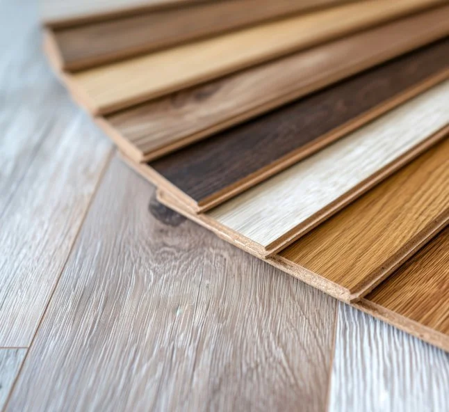 Close-up of a wooden flooring sample board with different wood grain and color options.