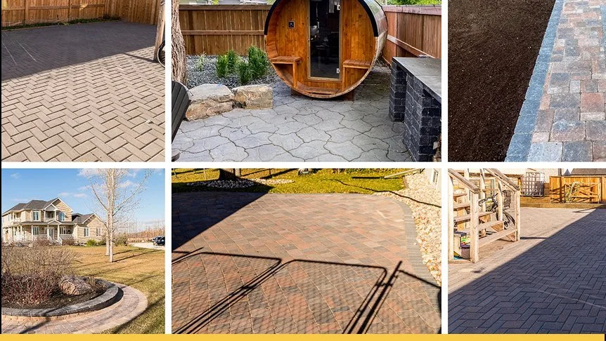 Six images of different outdoor brick or stone pathways, patios, and landscaped yard features.