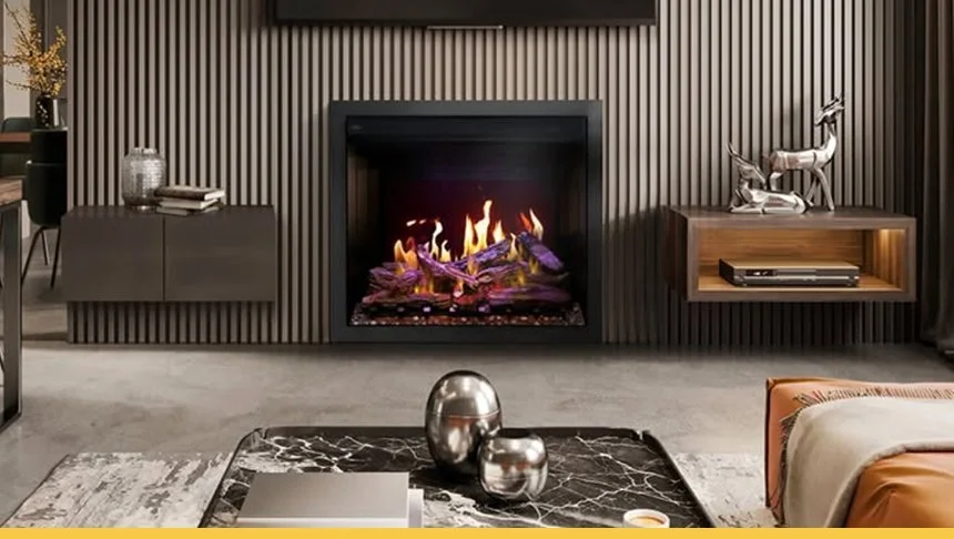 Living room with a modern fireplace, a gray sideboard with decorative items, a wooden shelf with metal reindeer sculptures, a black marble coffee table with metallic vases, and a beige sofa with orange cushions.