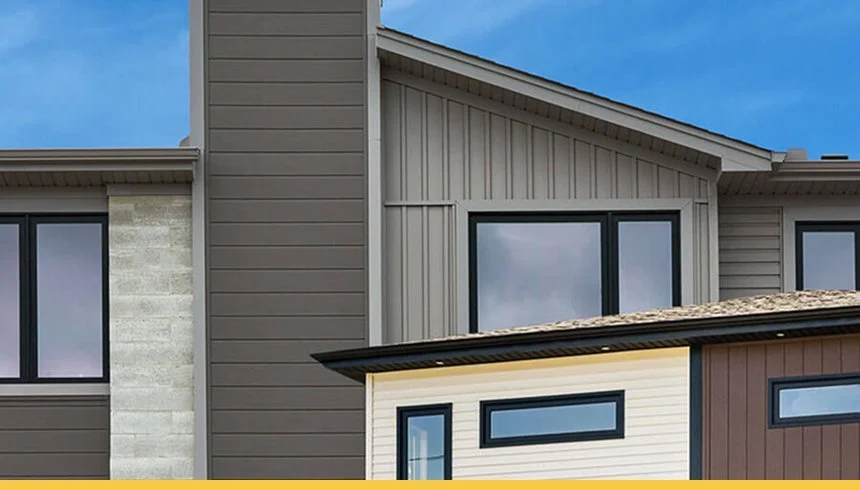 Close-up of modern house exterior with different siding materials and large windows under a blue sky.