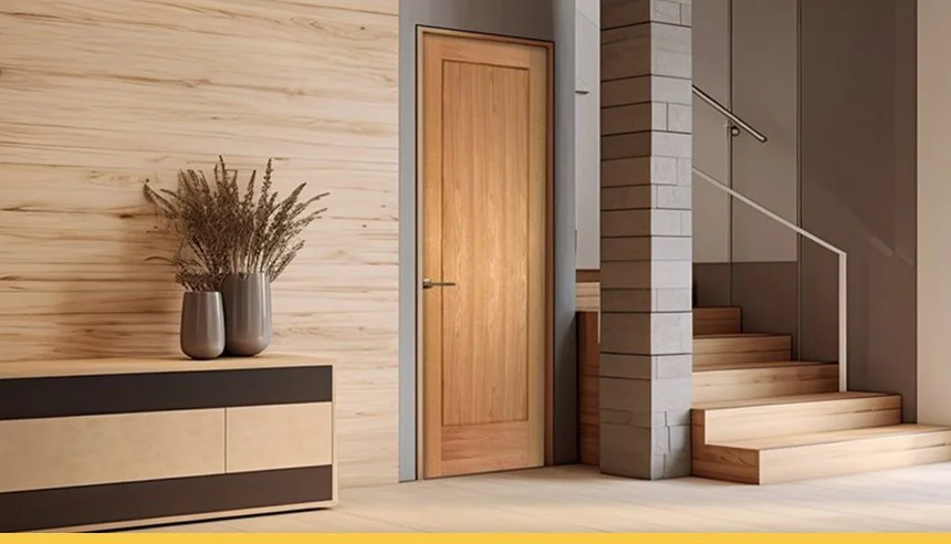 Interior view of a modern home with wooden stairs, a wooden door, a light wood wall, and a black and beige sideboard with two vases of dried plants.