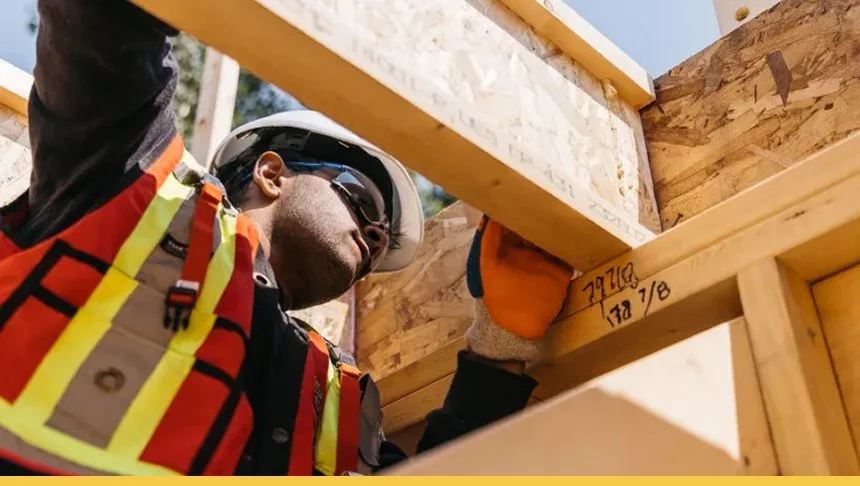 A construction worker wearing a hard hat, safety glasses, and a reflective vest is installing wooden beams during a building project.