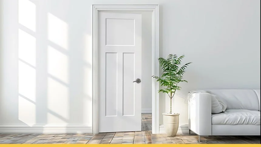 Interior scene with a closed white door, a potted plant, and a white sofa in a bright room.