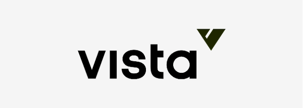 Vista logo with black text and a green stylized triangle above the letter 'v'