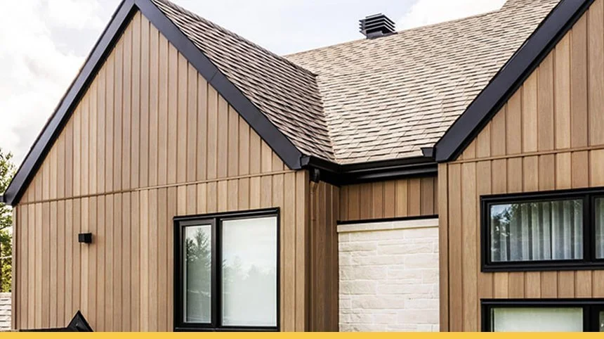 Close-up of a modern house's exterior with vertical wooden siding, black-framed windows, and a shingled roof.