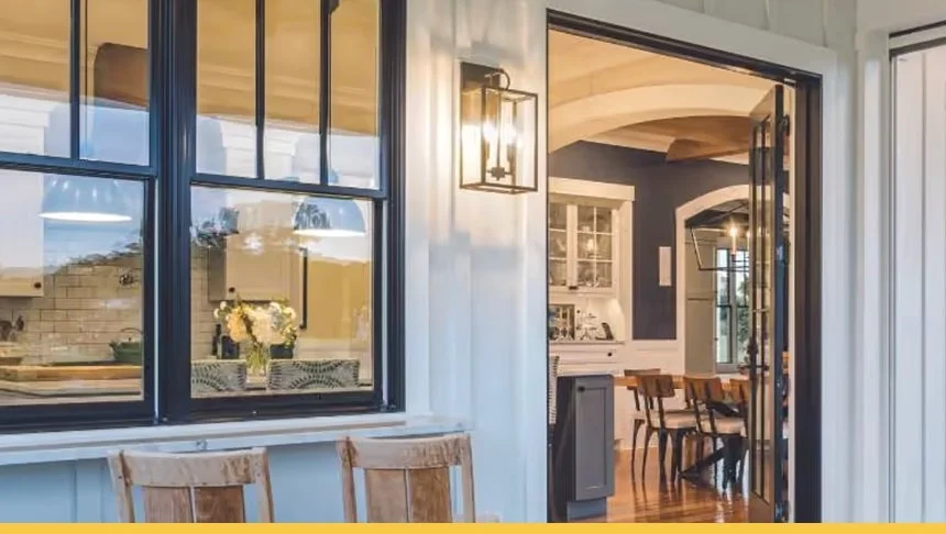 View of a dining area and kitchen through a sliding glass door in a modern home, with wooden chairs and a hanging lantern light fixture.